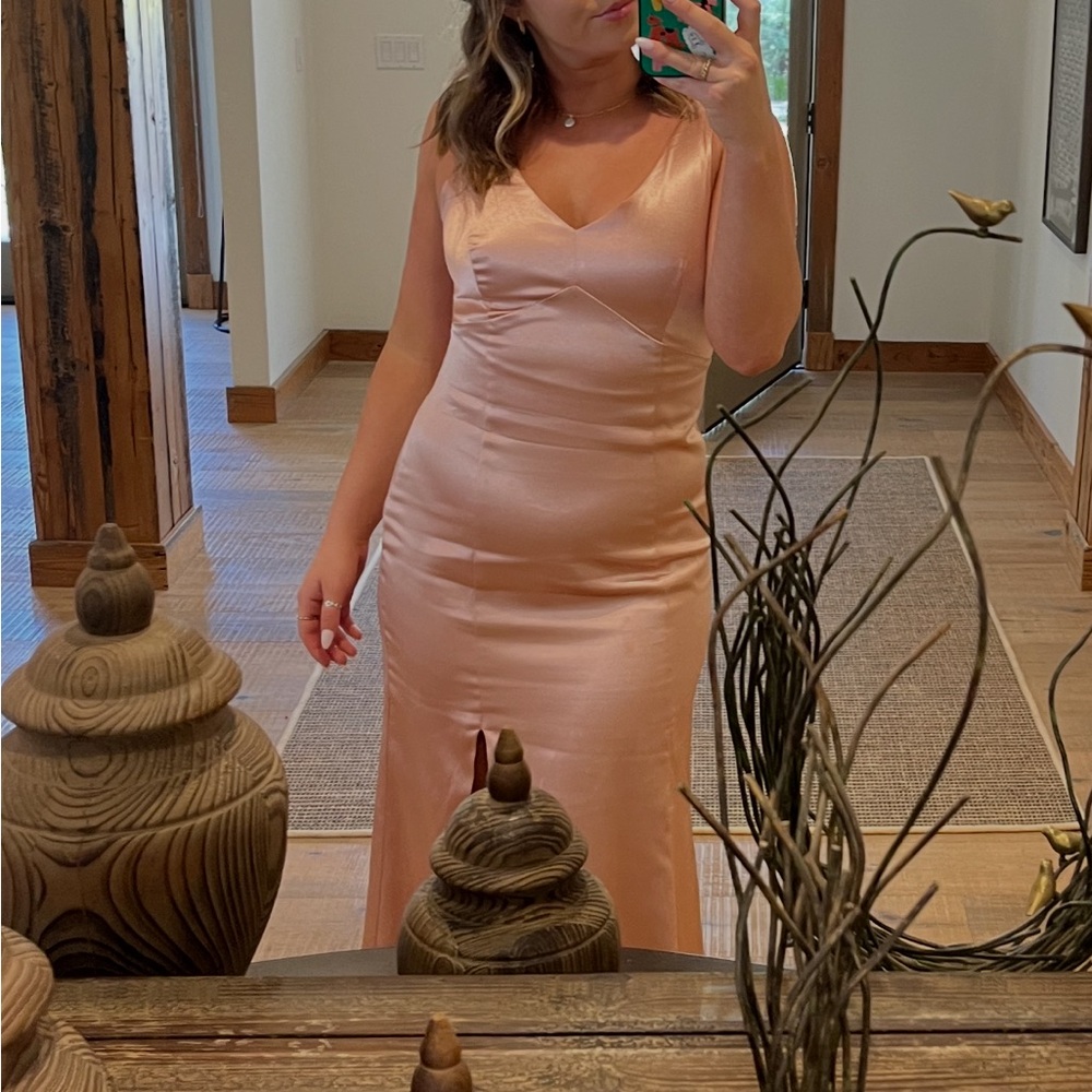 Azazie Satin V-Neck Maxi Dress in Blush